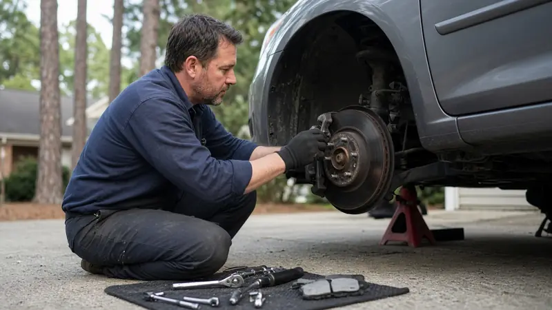 Mobile mechanic kneeling beside a car on a jack stand, working on the front brake rotor in a driveway