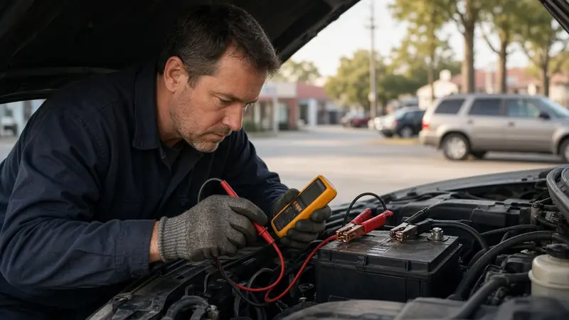 Mechanic testing a car battery with a multimeter under an open hood in a parking lot