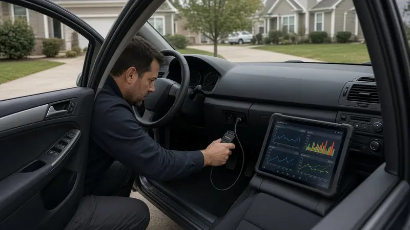Mechanic plugging a diagnostic scanner into a car's dashboard port in a residential driveway