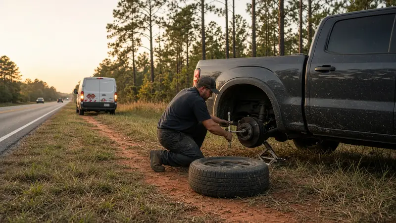 Mechanic changing a tire on a pickup truck on the grassy shoulder of a pine-lined Georgia road