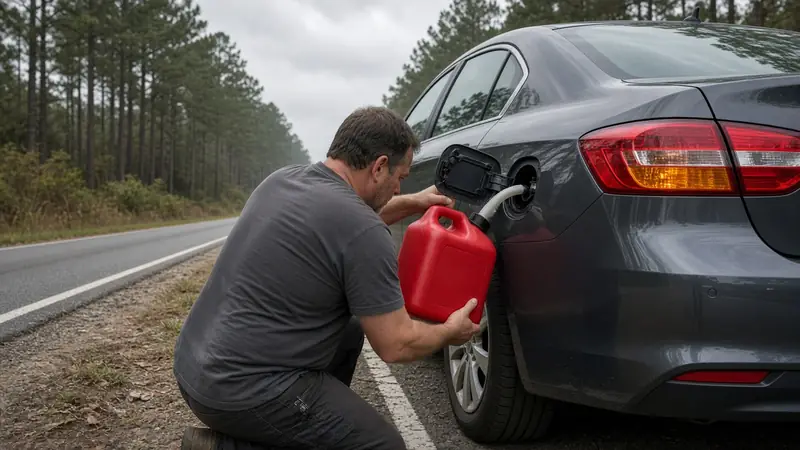 Mechanic pouring fuel from a red gas can into a car stopped on the roadside